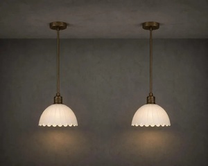 Brass Pendant Light Scalloped Glass Shade Modern Farmhouse Ceiling <b>Lamp</b> Indoor <b>Kitchen</b> Decor Durable Round Design - Product Image 1