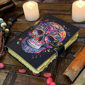 Carnet en cuir véritable imprimé squelette coloré classique, fait main, style vintage, pour livre de sorts, sorcières, païens, couverture Al-amir, fait main - Product Image 3