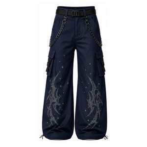 Men's Blue Wide Leg Cargo Pants With Red Guitar Print High Waist Multiple Pockets Punk Style Breathable Polyester Trousers - Product Image 5