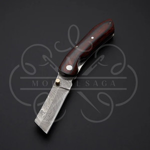 Cuchillo de bolsillo de acero de Damasco hecho a mano con mango de madera dura y funda de cuero, listo para la aventura, hoja plegable. - Product Image 2