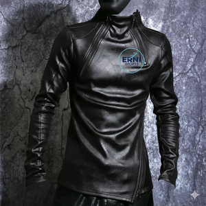 Abrigo de Motocicleta Negro para Hombre, Otoño Invierno, Cuello Alto, Forro Polar, Corte Ajustado, Estilo Gótico Punk, Impermeable - Product Image 1