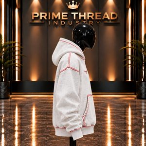Wholesale Custom <b>White</b> Denim Hoodie Red Contrast Stitching Oversized Streetwear Pullover Hoodie OEM Design Hooded <b>Sweatshirt</b> - Product Image 4