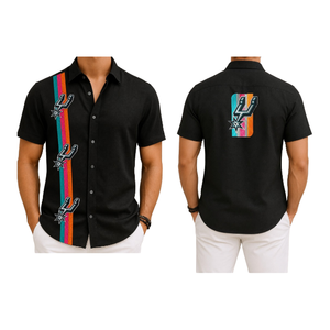 Streetwear Casual Men's Black Short Sleeve Casual <b>Shirt</b> With Colorful Stripe Front And Back Breathable 100% Cotton Solid <b>Shirt</b> - Product Image 1