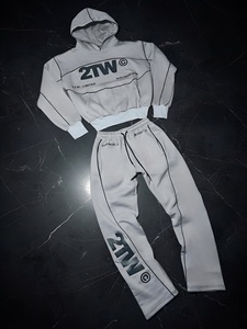 White Cropped <b>Zip</b> <b>Up</b> Hoodie Tracksuit Set | Contrast Piping Streetwear Sweatsuit | Custom OEM Private Label Fashion Manufacturer - Product Image 2