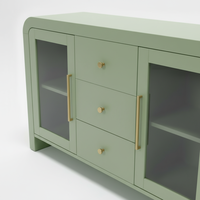 Buffet de salon, console avec trois tiroirs centraux et deux portes latérales vitrées, design moderne, meubles pour la maison