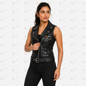 Gilet moto décontracté pour femme Tiierwear en cuir PU noir imperméable avec fermeture éclair, col cranté et broderie unie - Product Image 2