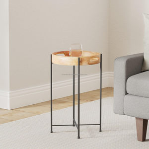 Nouvel Arrivage Table d'appoint à bas prix Plateau à café en rotin en métal et bois Plateau pliable pour petits espaces Salon emboîtable amovible - Product Image 4
