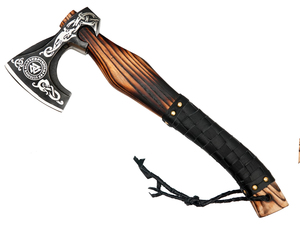 Hacha Vikinga Decorativa con Mango de Madera y Hoja de Acero al Carbono, Envoltura de Cuero, para Exteriores, Camping, Bricolaje, 3 3/8 lb - Product Image 3