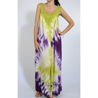 Robe longue décontractée en modal tie-dye vibrante, faite à la main, avec encolure brodée, style bohème et resort, fluide