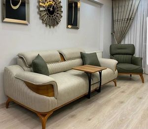 Midcentury Modern Teak Wood <b>Sofa</b> Three Seat Upholstered Fabric <b>Cushion</b> Back Living Room Furniture - Product Image 1