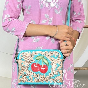 Women Fashionable Hand Tooled Leather Crossbody <b>Bag</b> Cherry Floral Design Western Handmade Genuine Leather Evening Shoulder <b>Bags</b> - Product Image 1