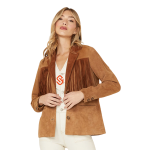 Tan <b>Suede</b> Leather Blazer Women Fringe Yoke Genuine <b>Suede</b> Western <b>Jacket</b> Notch Lapel Button Front Tailored Cowgirl Coat - Product Image 1