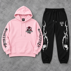 Conjunto Deportivo Urbano para Hombre, Sudadera Rosa, Pantalones Deportivos Negros con Estampado Tribal de Llamas Blancas, Precio Económico, Personalización OEM - Product Image 6