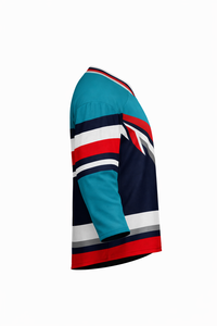 Jersey de Hockey sobre Hielo para Hombre, Color Verde Azulado, Azul Marino y Rojo a Rayas, Manga Tres Cuartos, Cuello Redondo, Absorbe la Humedad, Sublimado - Product Image 2