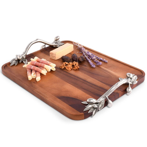 Bandeja Decorativa Rectangular Plateada con Asas de Madera y Aluminio, de Alta Demanda y Tendencia - Product Image 1