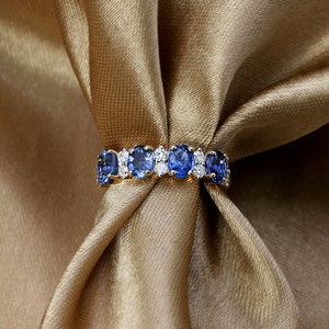 Bague en or jaune 14 carats avec saphir bleu naturel et diamants pour femme |   Bijoux en pierres précieuses de coupe ovale, vente en gros, OEM, ODM - Product Image 4