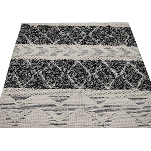 Tapis marocain tissé à la main en sergé plat, noir anthracite, pour tapis en coton à poils ras blanc cassé avec franges à pompons - Product Image 4