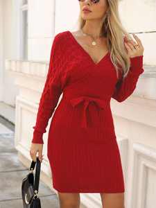 Vestidos de suéter de punto acanalado con cuello en V ancho, cintura alta y lazo frontal para mujer, estilo mini cruzado, venta al por mayor de fábrica de ropa, personalizados para otoño - Product Image 2