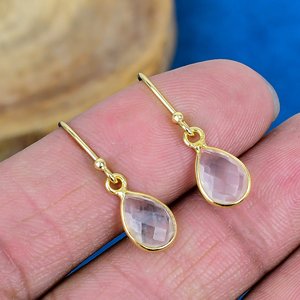 Natural Crystal Quartz Pear Shape Gemstone Drop Dangle Earring Handmade 18k Gold Micron Over 925 <b>Sterling</b> <b>Silver</b> - Product Image 1