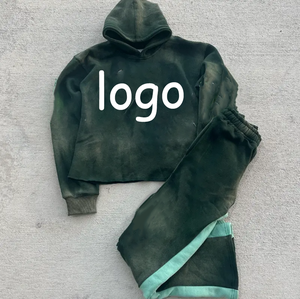 Acid Wash Cropped Hoodie with Embroidered Distressed Patch Vintage Knitted <b>Weave</b> - Product Image 5