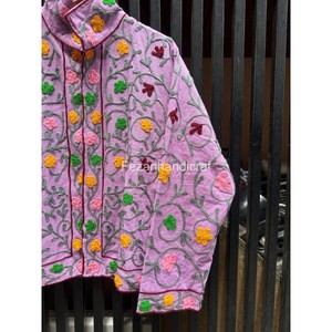 Blouson unisexe en coton violet brodé, motif floral fait main, col montant, manches longues, idéal pour le printemps - Product Image 5