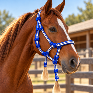 Harnais de cheval bleu Western avec franges |   Têtière équestre tressée et nouée pour l'entraînement, l'écurie et le ranch - Product Image 4