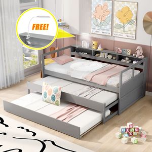 Cama Infantil Gris con Diseño Moderno, Tamaño Twin XL, de Madera, con 2 Camas Nido, 3 Espacios de Almacenamiento, 1 Luz y Carga USB Gratuita - Product Image 1