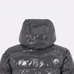 Hooded Puffer Jacket Unisex Winter <b>Coat</b> Solid Color PU Material <b>Waterproof</b> Thick <b>Padding</b> Regular Fit Casual Style Zipper Closure - Product Image 5