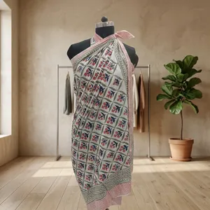 Hand Block Printed Cotton Fabric with <b>Red</b> Blue Floral Grid Motifs and Geometric Border for <b>Saree</b> Kurti Dressmaking - Product Image 4