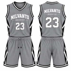 Conjunto de Uniforme de Baloncesto Personalizado Gris para Hombre |   Camiseta y Pantalones Cortos de Baloncesto Sublimados |   Uniforme de Baloncesto sin Mangas con Cuello en V - Product Image 1