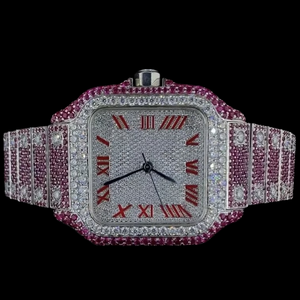 Montre-bracelet de luxe pour homme, rose et blanche, avec diamants CZ, boîtier carré à lunette uniquement, cadran blanc entièrement serti de diamants, entièrement glacée de pierres précieuses - Product Image 1