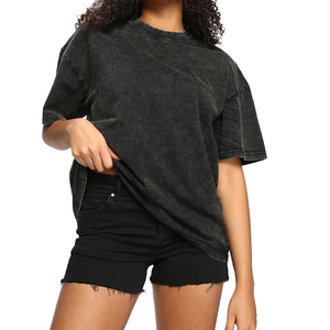 T-shirt à manches courtes en coton 100% de haute qualité pour hommes et femmes, lavage à l'acide, col rond, motif uni, 220 grammes, manches longues pour femmes - Product Image 1