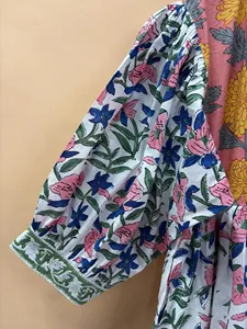 Elegant Boho <b>White</b> Pink Floral Handcrafted Cotton Midi Dress with Tie Neck and Ethnic Print Casual Dress For Women - Product Image 3