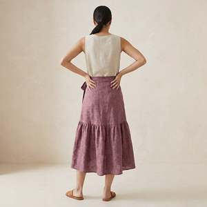 Women Light Maroon Yarn-Dyed Cotton Ruffle Midi <b>Wrap</b> <b>Skirt</b> For Women Featuring Lightweight Fabric Modern Style Comfortable Fit - Product Image 3