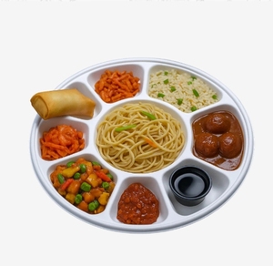 Assiette à déjeuner compostable en bagasse, 9 compartiments, plateau rond pour repas, assiette de service alimentaire biodégradable pour repas à plusieurs plats - Product Image 1
