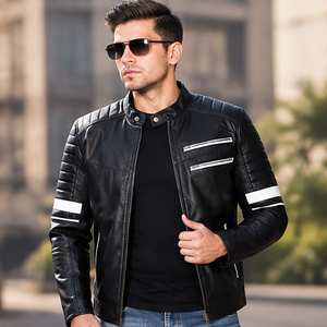 Blouson moto homme en cuir véritable noir, coupe ajustée, col rabattable, fermeture éclair, finition rouge, style automne - Product Image 5