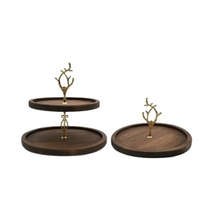 Handcrafted Gold Tone Leaves Design 2 Tiered Wooden Serving Tray Leaf Branch Pastry Stand For Home Hotel & Luxury <b>Tabletop</b> Decor - Product Image 1