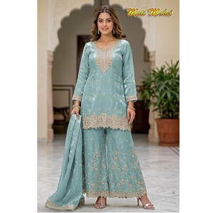 Women's Light Blue Silk Salwar Kameez Traditional Ankle-Length Loose Fit Wedding Wear India Pakistan Style - Product Image 1