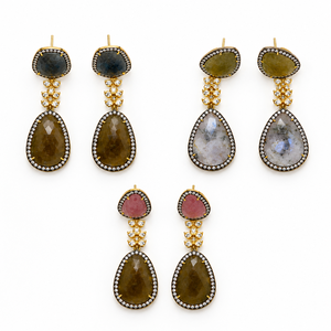 Pendientes de gota Mayrabygungun al por mayor para mujer, con forma de flor, de polki multicolor natural, chapados en oro de 18K, estilo AD Halo. - Product Image 1