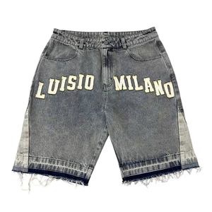 Men’s Black Grey Denim Shorts Lettering Loose Fit Knee Length Baggy Jean Hem Casual Streetwear Summer Fashion - Product Image 4
