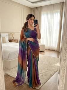 Sari Rangoli Crush con estampado a mano y hermosa bordeada con pedrería Dana Khatli, con bordado Khatli y blusa sin coser hecha a mano. - Product Image 2