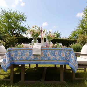 Floral Printed Cotton Linen 10 Seater <b>Tablecloth</b> 180x270 cms <b>Tablecloth</b> <b>Outdoor</b> Washable Woven Pastoral Style Blue White Pattern - Product Image 5