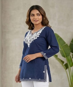 Kurta de Algodón Azul Marino para Mujer, Estilo Tradicional Holgado, Largo Midi, Informal, Étnico, Estilo India Pakistán, BLUESTAR- BS...159- 85418 - Product Image 2