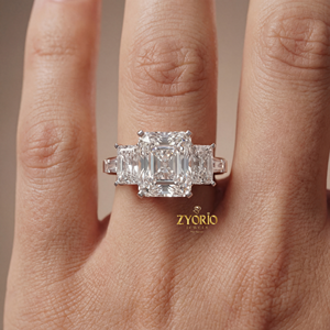 Luxury Radiant Cut Lab Grown Diamond Three Stone Engagement Wedding <b>Ring</b> with Baguette Side Diamonds in 925 <b>Silver</b> - Product Image 3