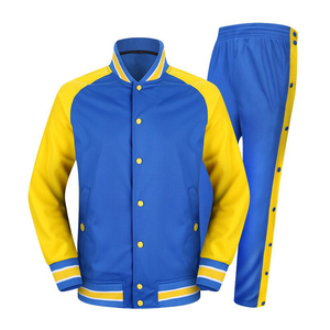Blue Yellow Color Blocking Tracksuit Full Length Button Up Collar Sporty Style Autumn Wear Regular Fit Breathable Polyester - Product Image 1