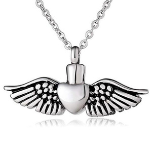 Collier en acier inoxydable avec ailes d'ange et cœur pour cendres, pendentif commémoratif, bijou souvenir pour hommes et femmes - Product Image 1