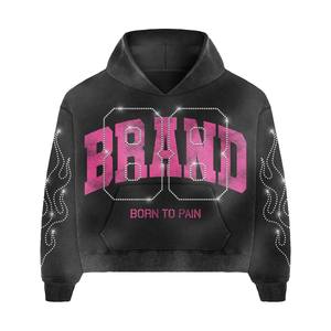 Men's Vintage Rhinestone Acid Wash <b>Tracksuit</b> Screen Print Hoodie Straight Flared Sweatpants Set <b>Y2K</b> Streetwear Wholesale - Product Image 2