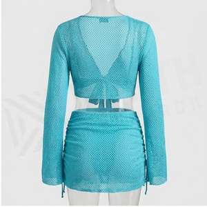 Blue Butterfly Print 2 Piece Yoga <b>Set</b> With Gold Trim Deep V Neck Halter Bodysuit And Knee Length Wrap <b>Skirt</b> - Product Image 2