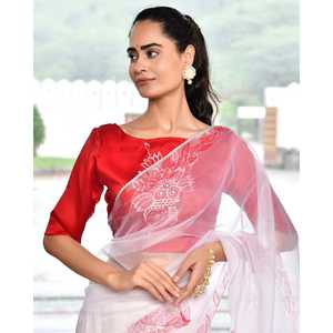 Sari traditionnel en organza rouge Kalash peint à la main, manches trois-quarts, taille unique, avec pièce de chemisier en mousseline de soie incluse, pour femme - Product Image 3