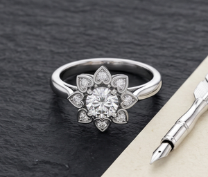 Floral Halo Lab Grown Diamond <b>Ring</b> for Women, Heart Petal Cluster Engagement <b>Ring</b>, Round Cut Diamond Look <b>Statement</b> <b>Ring</b> - Product Image 3